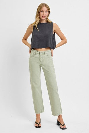 Risen "Mason"  Mid Rise Straight Leg Tummy Control Jeans: Pistachio