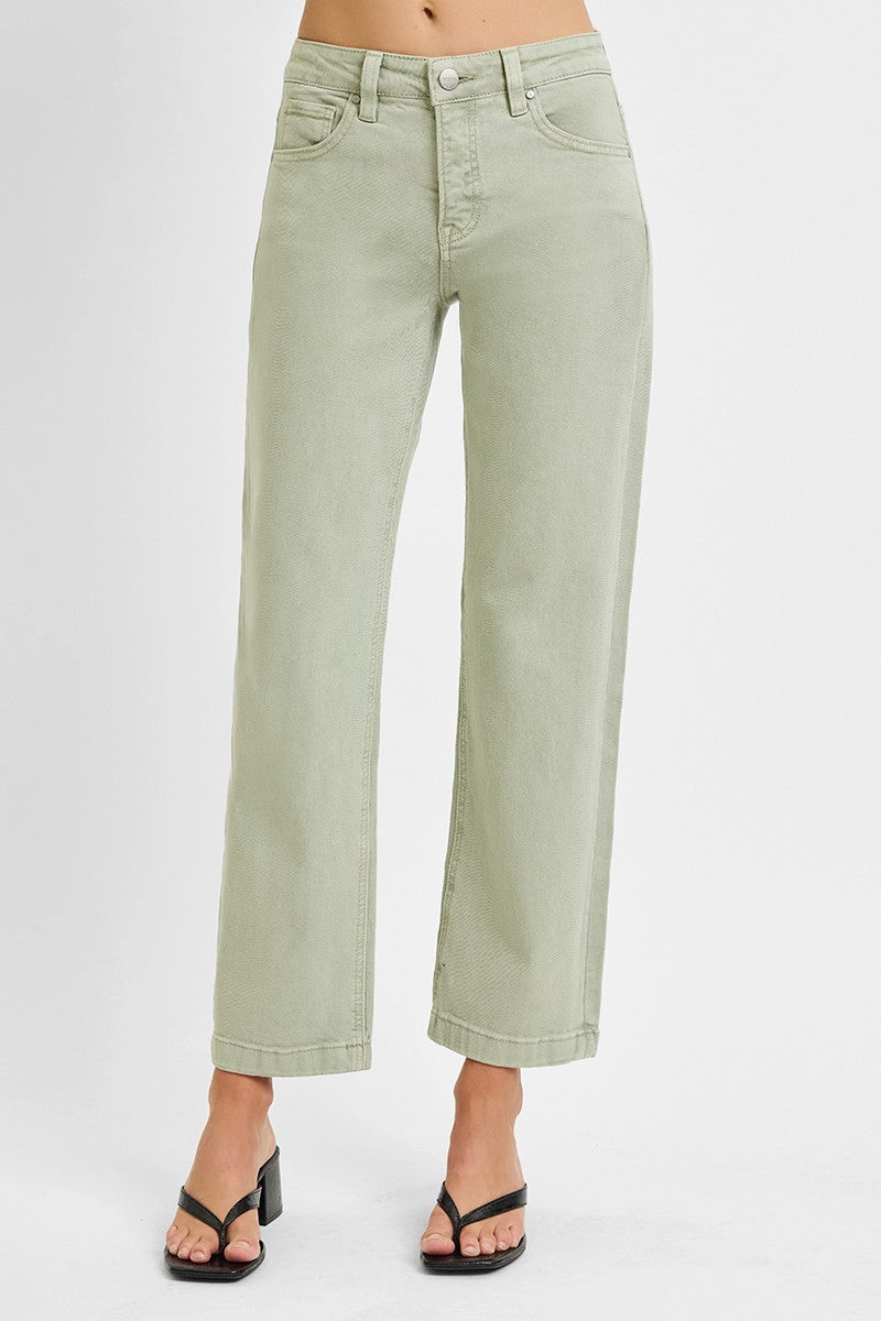 Risen "Mason"  Mid Rise Straight Leg Tummy Control Jeans: Pistachio