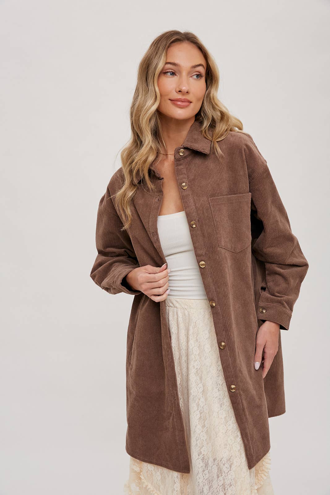 Clara Oversized Corduroy Jacket – Mocha Button-Down Shacket with Pockets