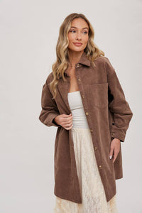 Clara Oversized Corduroy Jacket – Mocha Button-Down Shacket with Pockets