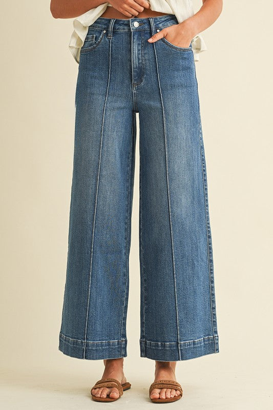Marlo High Rise Wide Leg Jeans with Pin Tuck Detail – Medium Wash Stretch Denim