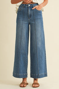 Marlo High Rise Wide Leg Jeans with Pin Tuck Detail – Medium Wash Stretch Denim
