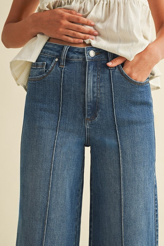 Marlo High Rise Wide Leg Jeans with Pin Tuck Detail – Medium Wash Stretch Denim