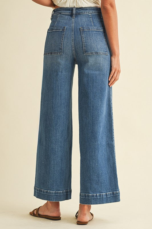 Marlo High Rise Wide Leg Jeans with Pin Tuck Detail – Medium Wash Stretch Denim