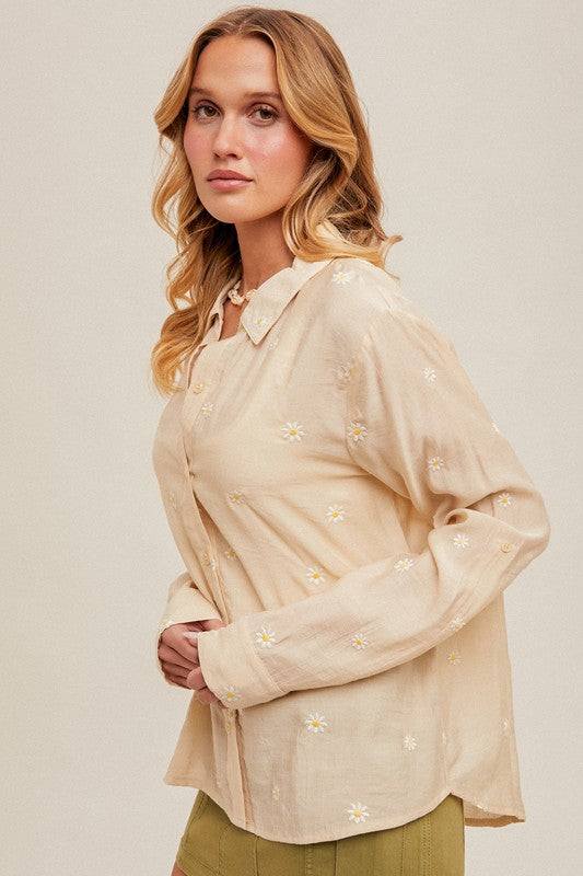 Cute As A Daisy Embroidered Long Sleeve Blouse: Ecru