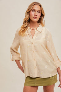 Cute As A Daisy Embroidered Long Sleeve Blouse: Ecru