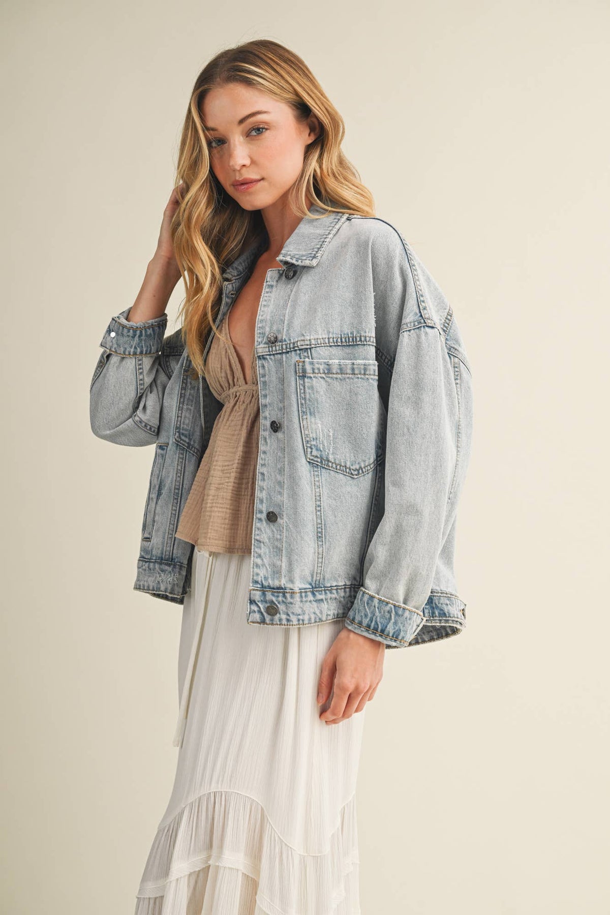 The Everyday Pleated Denim Jacket: Light Wash