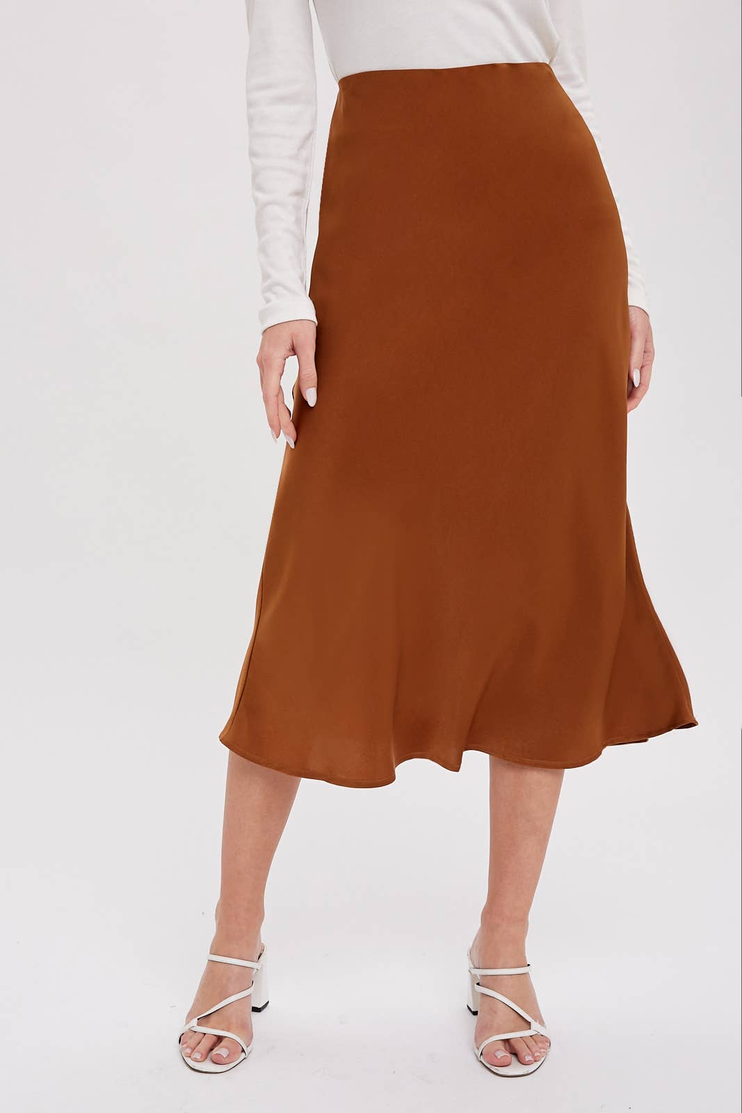 Emmersyn Satin Midi Skirt: Camel