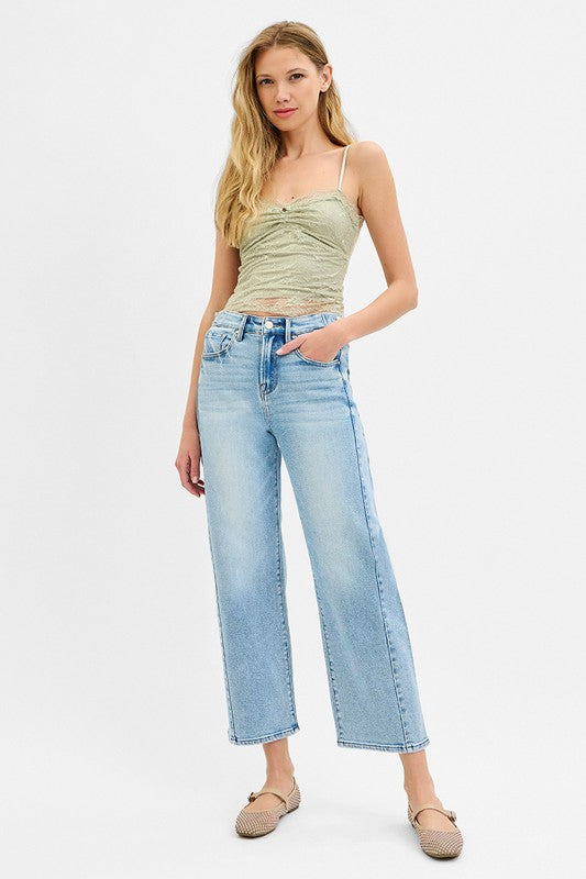 Risen  "Monroe"  High Rise Crop Barrel Jeans: Light Wash – Adjustable Waist Modern Denim