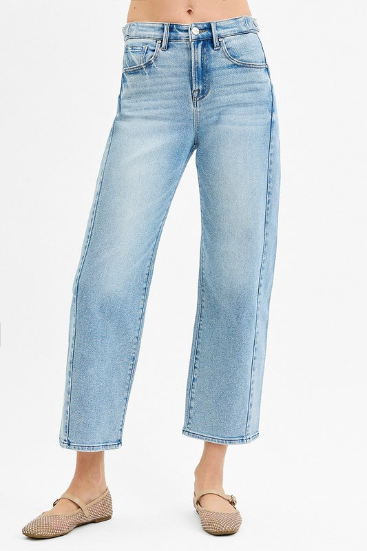 Risen  "Monroe"  High Rise Crop Barrel Jeans: Light Wash – Adjustable Waist Modern Denim