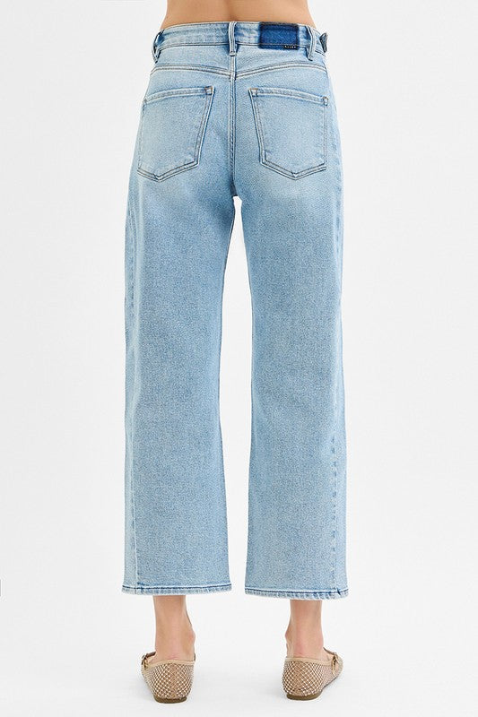 Risen  "Monroe"  High Rise Crop Barrel Jeans: Light Wash – Adjustable Waist Modern Denim