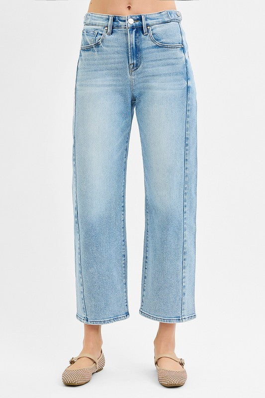 Risen  "Monroe"  High Rise Crop Barrel Jeans: Light Wash – Adjustable Waist Modern Denim