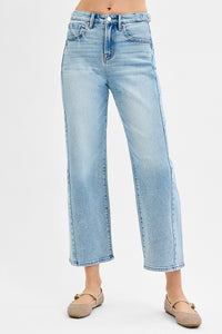 Risen  "Monroe"  High Rise Crop Barrel Jeans: Light Wash – Adjustable Waist Modern Denim