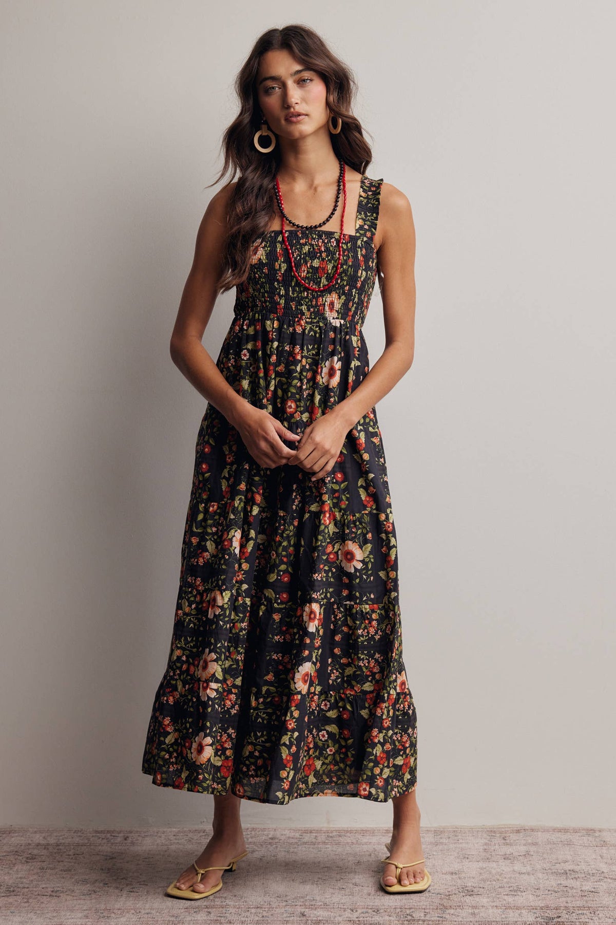 The Meadow Breeze Smocked Midi Dress: Black – Cotton Tiered Boho Dress with Pockets