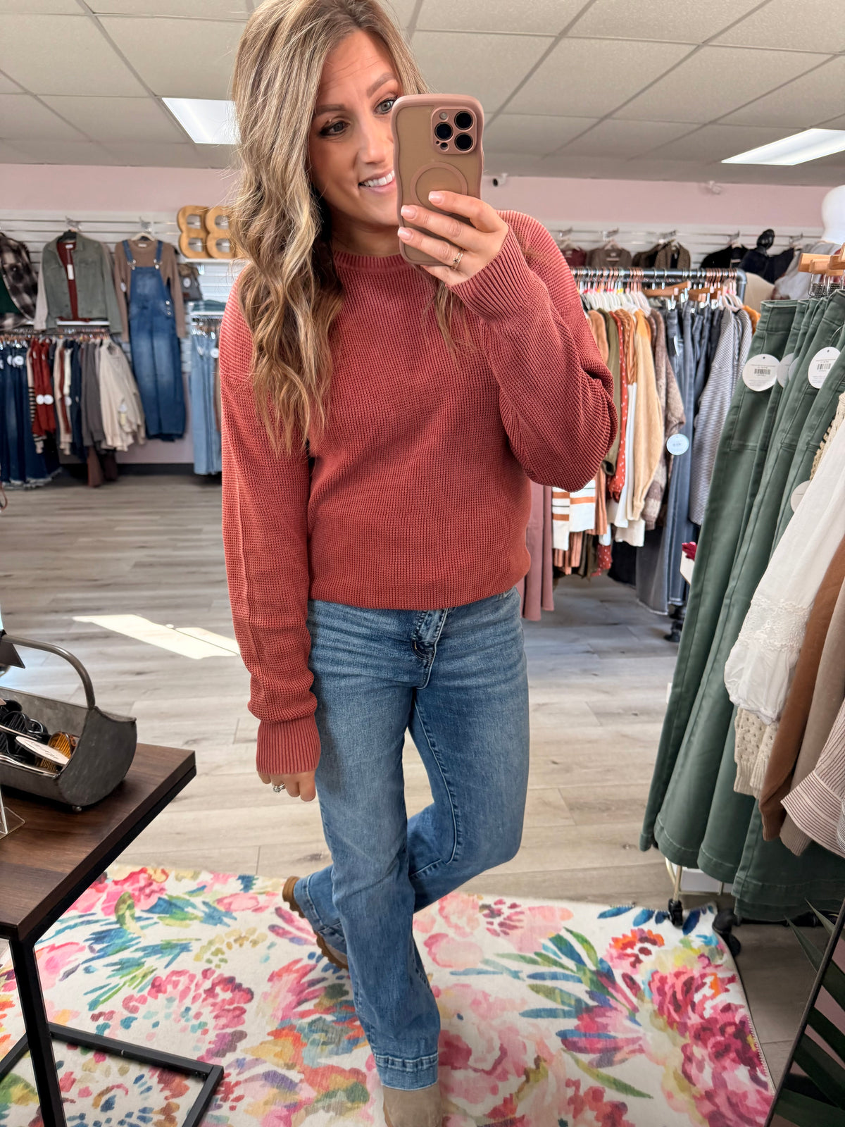 Staccato Vintage Wash Waffle Knit Crew Sweater