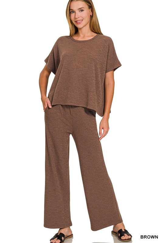 Sutton Cotton Slub Lounge Set – Brown Wide Leg Pants & Relaxed Tee