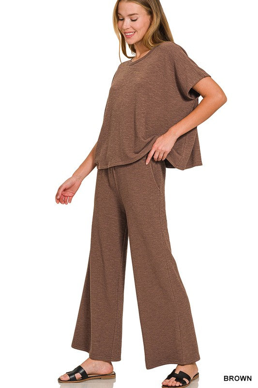 Sutton Cotton Slub Lounge Set – Brown Wide Leg Pants & Relaxed Tee