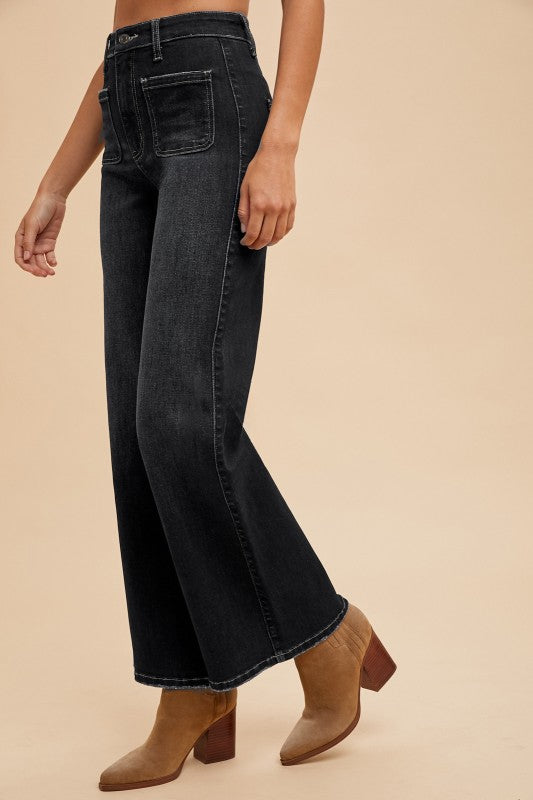 Ivy High Rise Wide Flare Jeans with Front Pockets – Dark Wash Stretch Denim