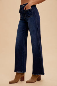 Ivy High Rise Wide Flare Jeans with Front Pockets – Dark Wash Stretch Denim