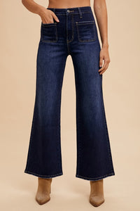 Ivy High Rise Wide Flare Jeans with Front Pockets – Dark Wash Stretch Denim