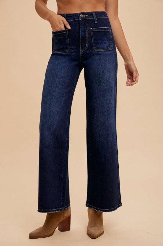 Ivy High Rise Wide Flare Jeans with Front Pockets – Dark Wash Stretch Denim