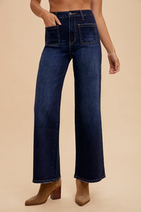 Ivy High Rise Wide Flare Jeans with Front Pockets – Dark Wash Stretch Denim