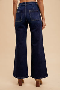 Ivy High Rise Wide Flare Jeans with Front Pockets – Dark Wash Stretch Denim