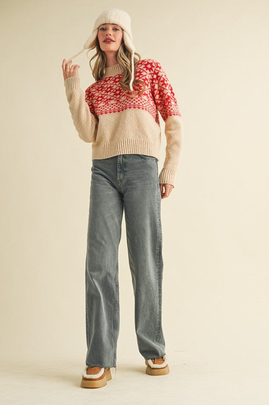 Nordic Charm Mock Neck Geometric Knit Sweater