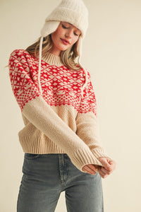 Nordic Charm Mock Neck Geometric Knit Sweater