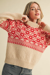Nordic Charm Mock Neck Geometric Knit Sweater