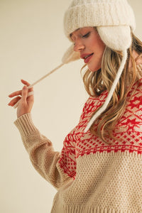 Nordic Charm Mock Neck Geometric Knit Sweater