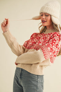 Nordic Charm Mock Neck Geometric Knit Sweater