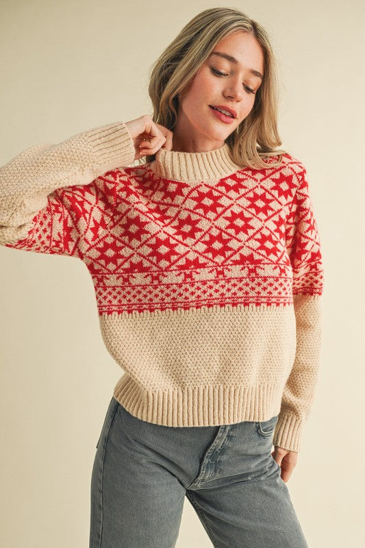 Nordic Charm Mock Neck Geometric Knit Sweater