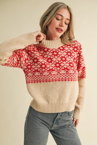 Nordic Charm Mock Neck Geometric Knit Sweater