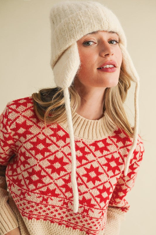 Nordic Charm Mock Neck Geometric Knit Sweater