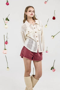 Sutton Crochet Contrast Cotton Shacket – Ivory Cream Button-Up Jacket
