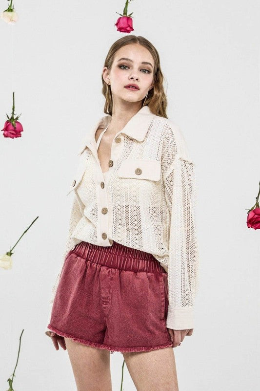 Sutton Crochet Contrast Cotton Shacket – Ivory Cream Button-Up Jacket