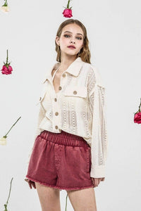 Sutton Crochet Contrast Cotton Shacket – Ivory Cream Button-Up Jacket