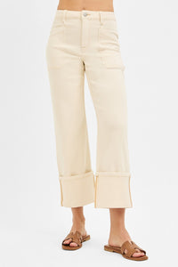Risen "Rowan" High Rise Cuffed Straight Leg Jeans: Ivory