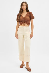 Risen "Rowan" High Rise Cuffed Straight Leg Jeans: Ivory