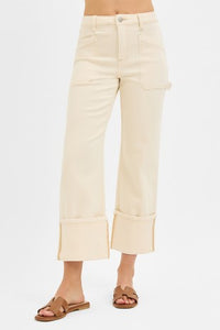 Risen "Rowan" High Rise Cuffed Straight Leg Jeans: Ivory