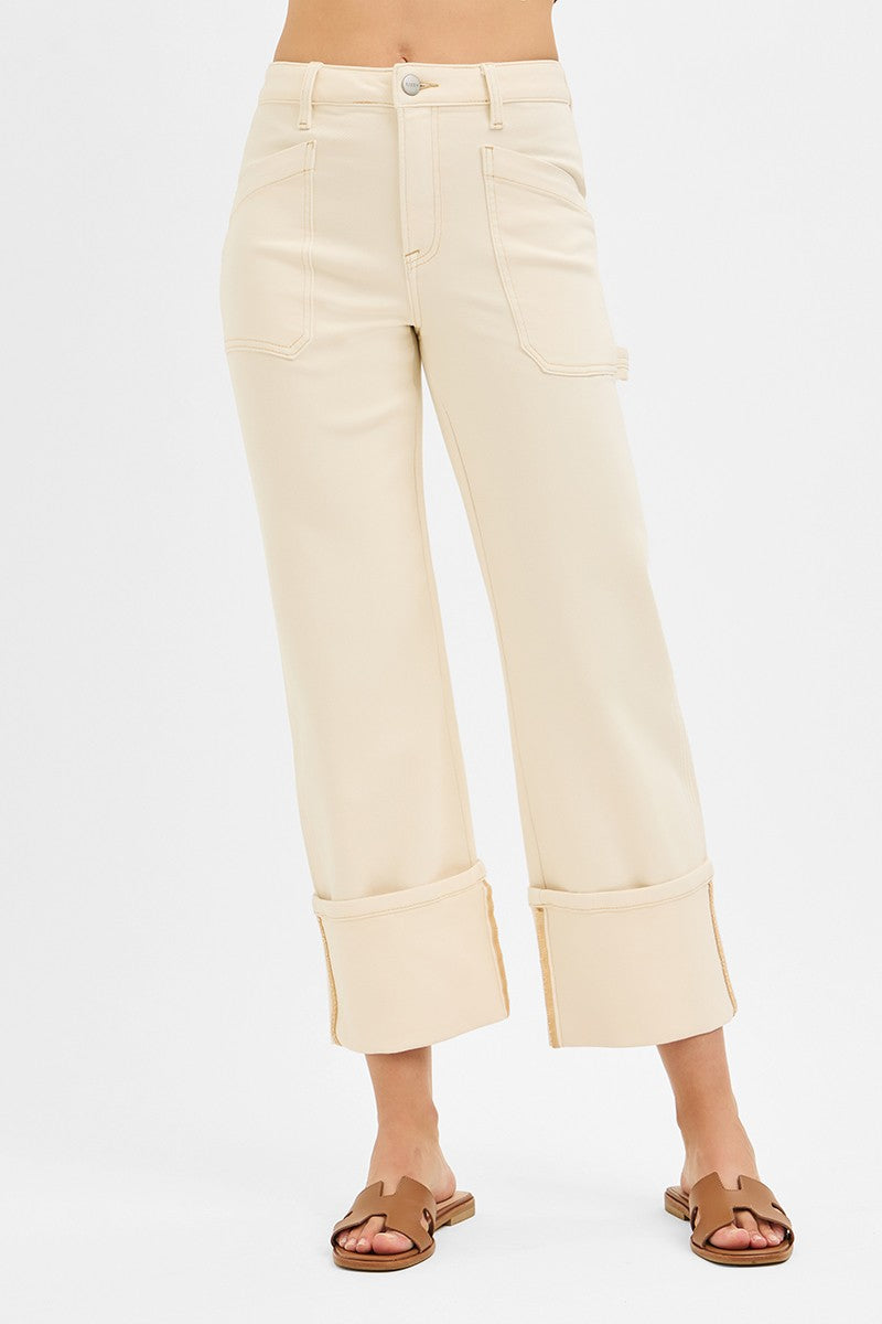 Risen "Rowan" High Rise Cuffed Straight Leg Jeans: Ivory