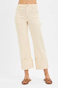Risen "Rowan" High Rise Cuffed Straight Leg Jeans: Ivory