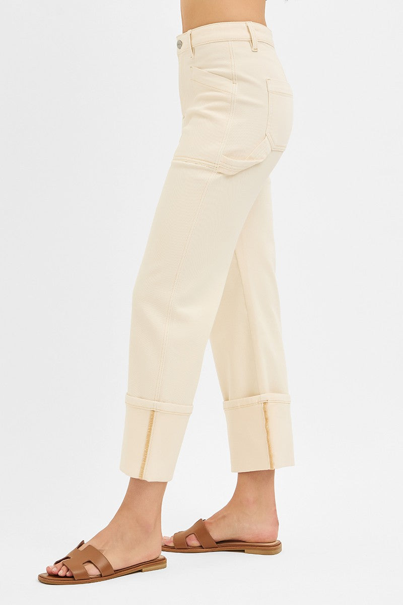 Risen "Rowan" High Rise Cuffed Straight Leg Jeans: Ivory