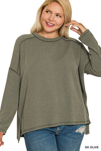 Savanna Ribbed Raw Edge Plus Size Pullover Top – Dark Olive & Teal