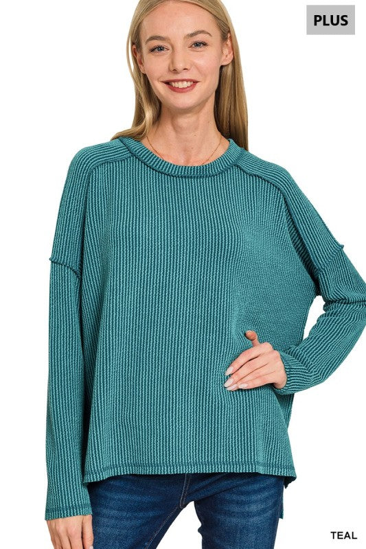 Savanna Ribbed Raw Edge Plus Size Pullover Top – Dark Olive & Teal