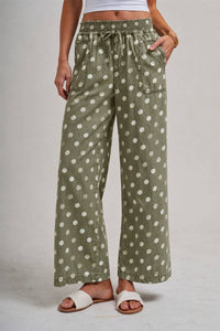Vintage Olive Polka Dot Wide Leg Drawstring Pants