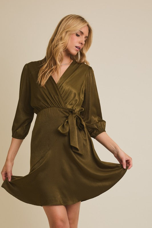 Elena Surplice Wrap Dress – Olive Green 3/4 Sleeve Waist Tie Mini Dress