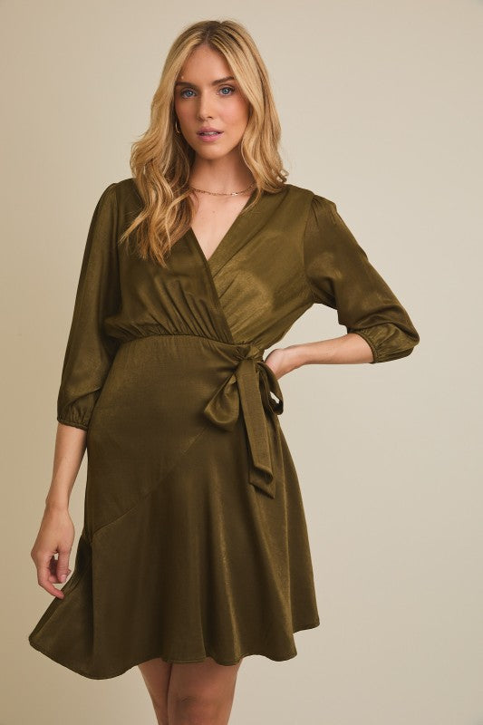 Elena Surplice Wrap Dress – Olive Green 3/4 Sleeve Waist Tie Mini Dress