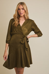 Elena Surplice Wrap Dress – Olive Green 3/4 Sleeve Waist Tie Mini Dress